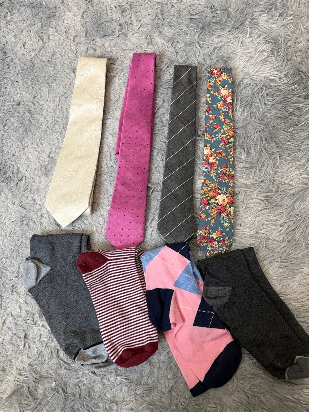 Set of 4 Men's Neckties and Assorted Socks - Floral, Pink, Gray, Ivory